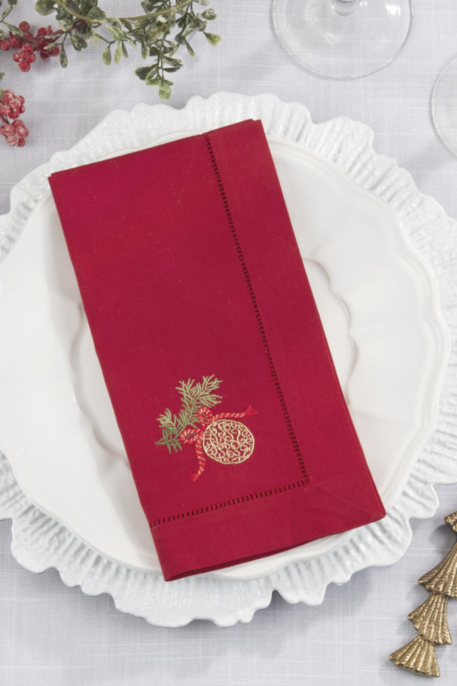Embroidered Ornament Hemstitch Napkin Set of 6 – side view