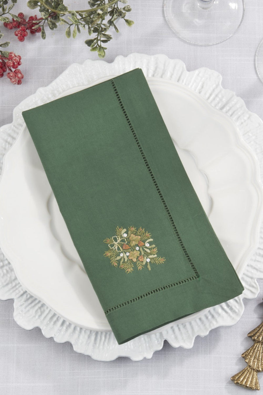 Embroidered Pine Branch Hemstitch Napkin Set of 6 – side view