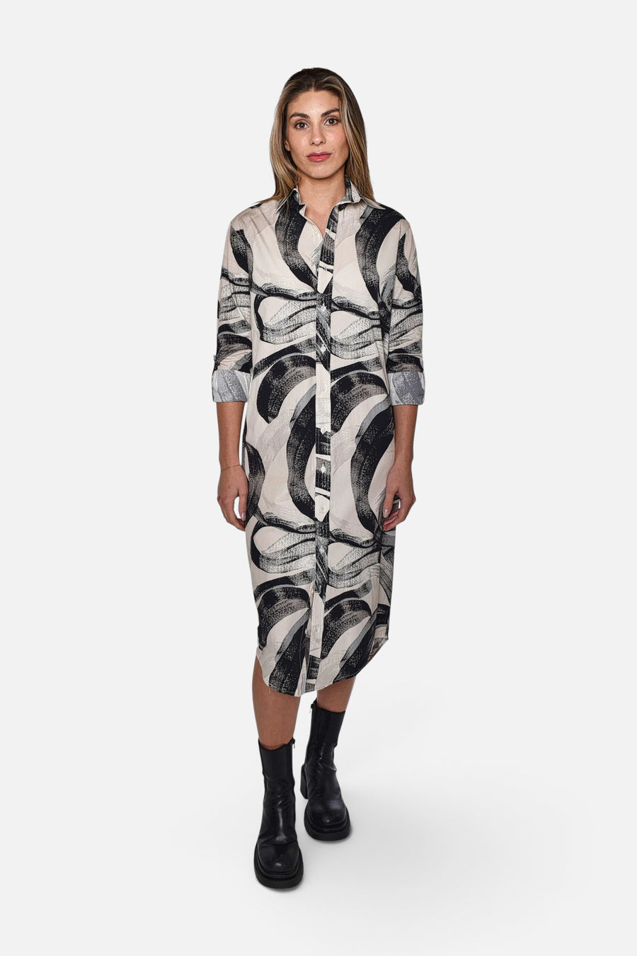Emily Phillips Black and White Swirls Midi Dress – front view