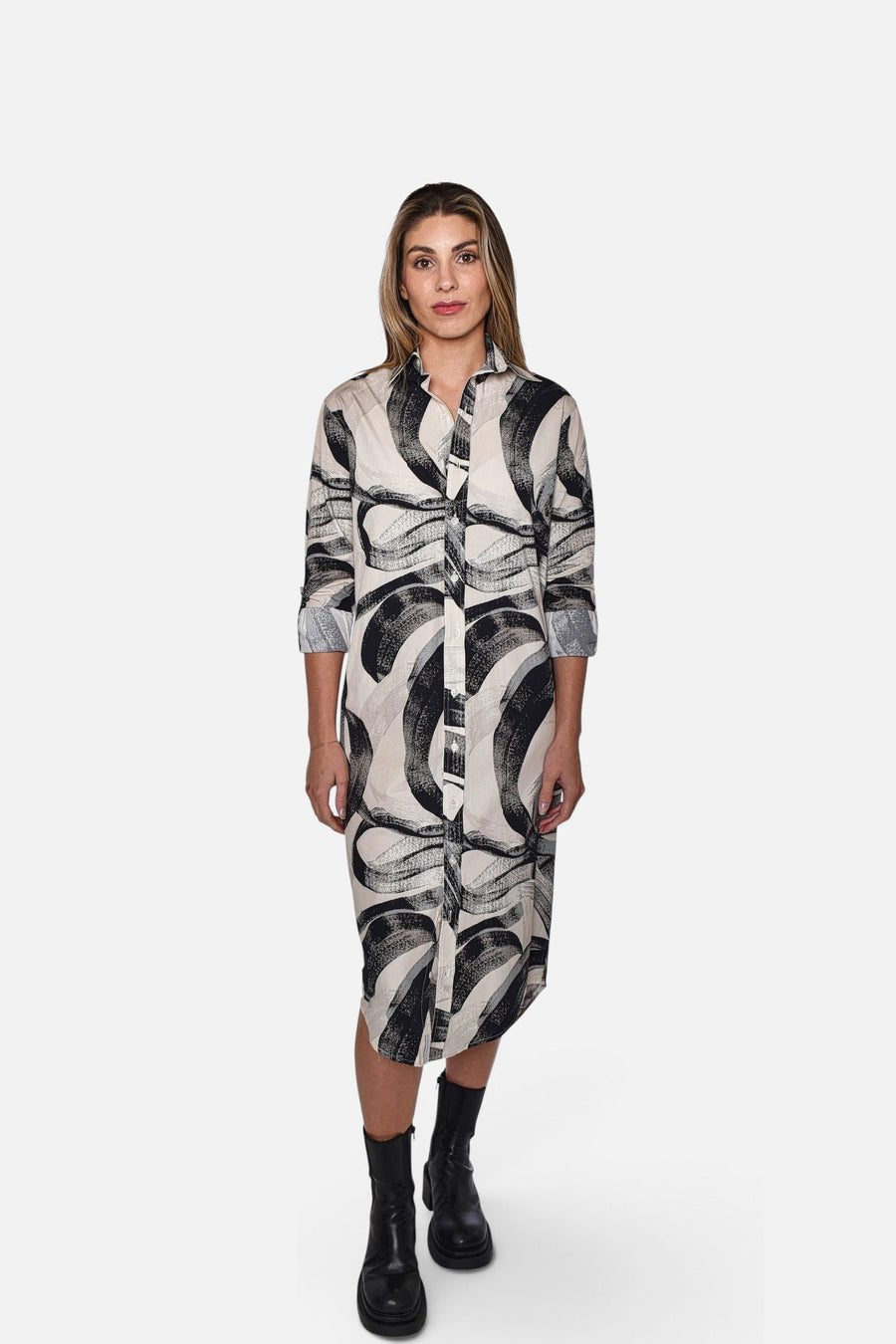 Emily Phillips Black and White Swirls Midi Dress – front view