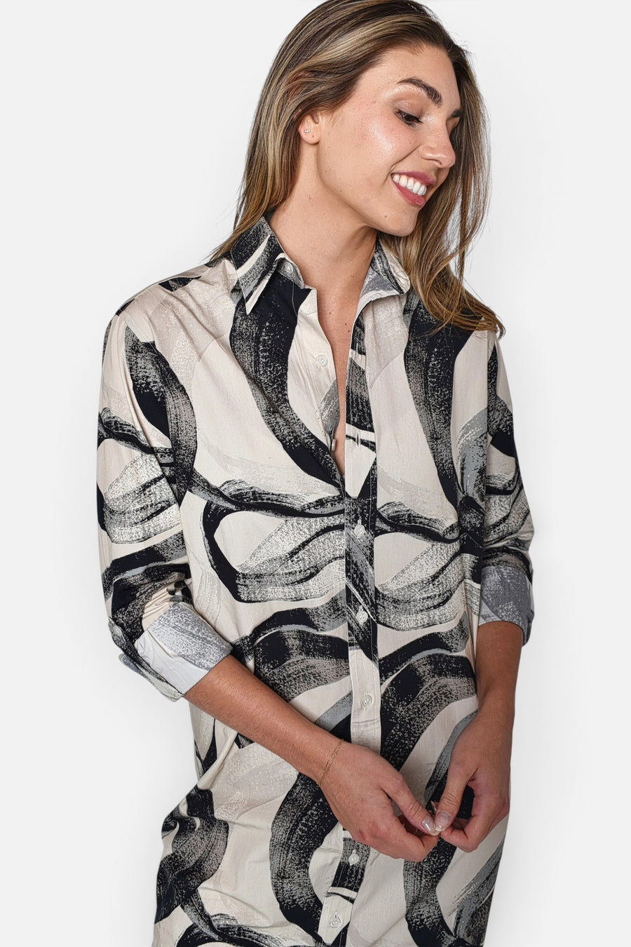 Emily Phillips Black and White Swirls Midi Dress – side view