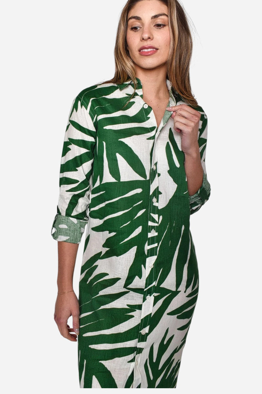 Emily Phillips Green Leaf Print Linen Girlfriend Midi Dress – back view
