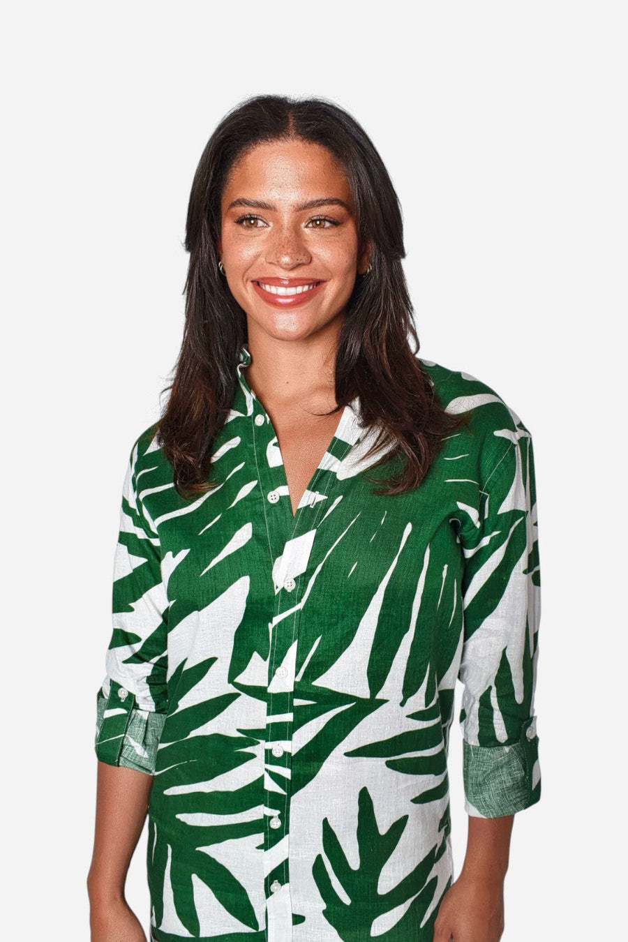 Emily Phillips Green Leaf Print Linen Girlfriend Midi Dress – detail