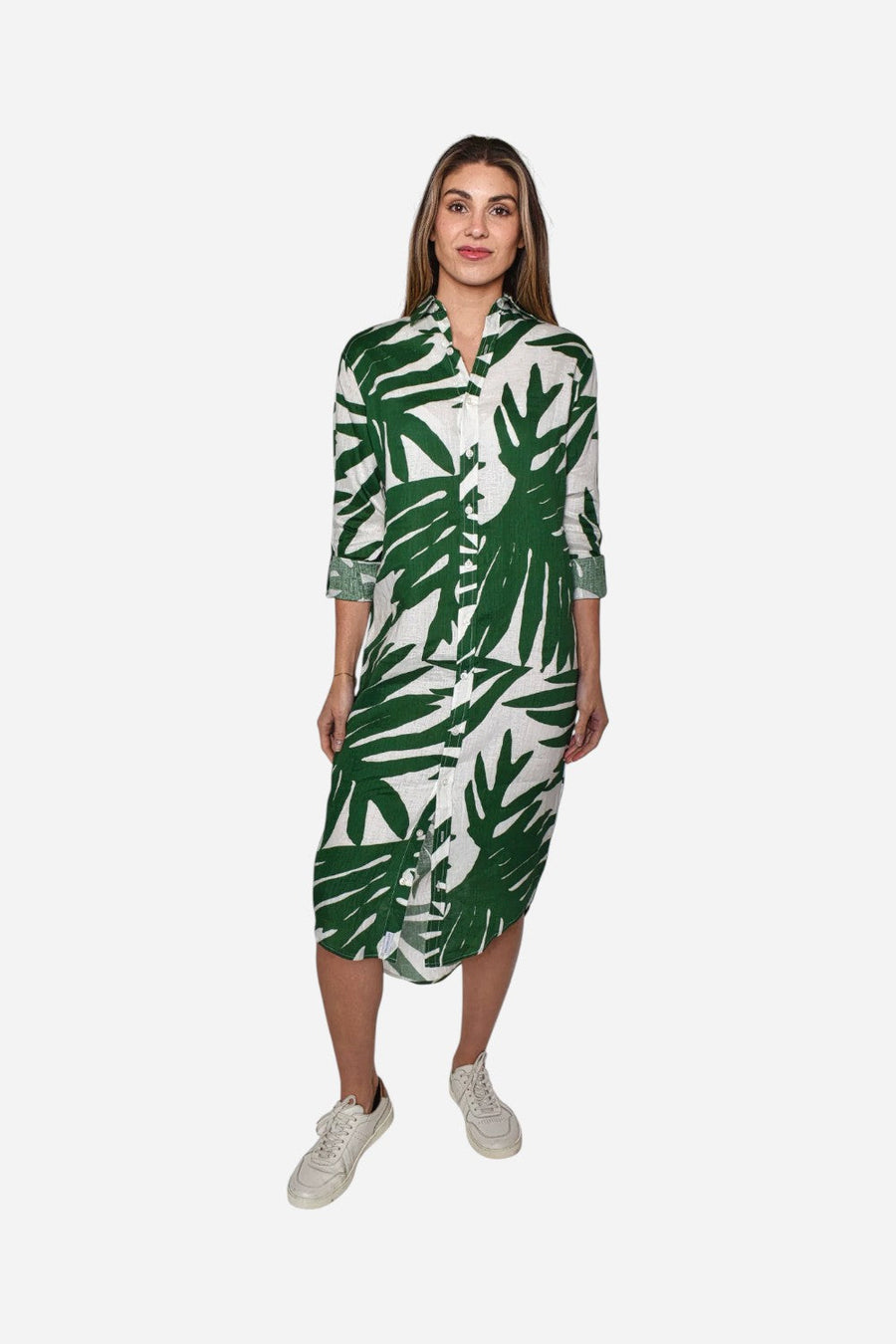 Emily Phillips Green Leaf Print Linen Girlfriend Midi Dress – side view