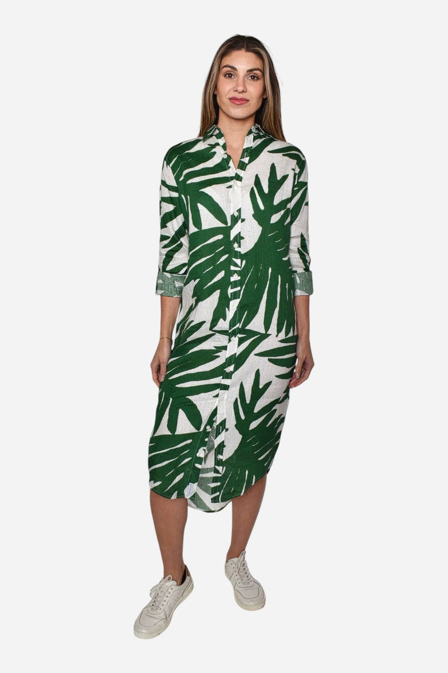 Emily Phillips Green Leaf Print Linen Girlfriend Midi Dress – on model
