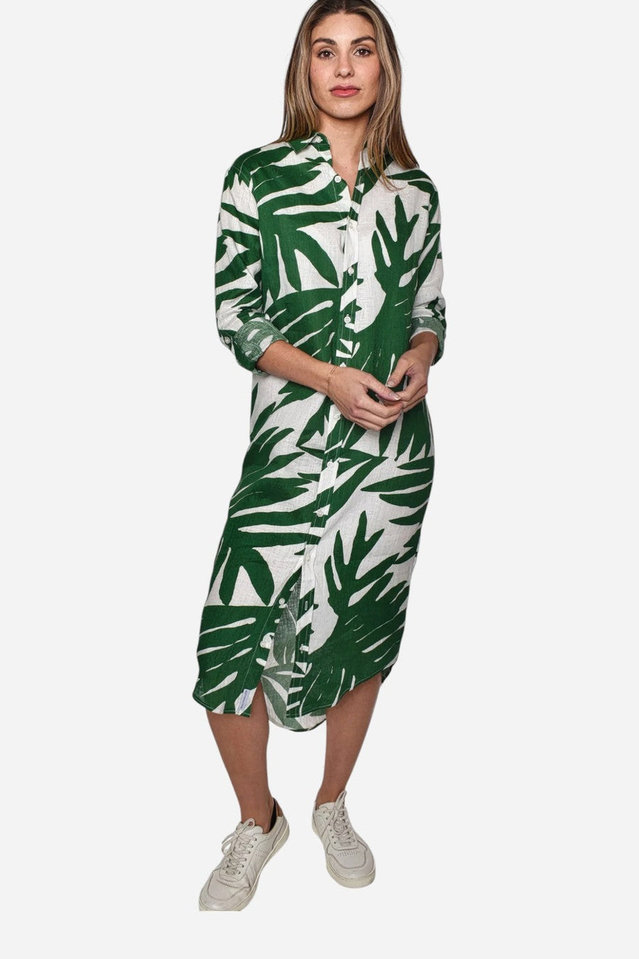 Emily Phillips Green Leaf Print Linen Girlfriend Midi Dress – on model