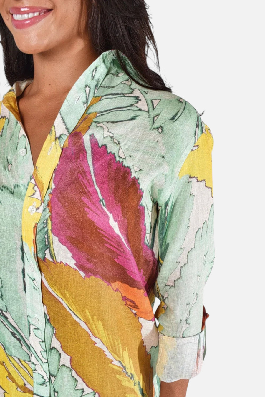 Emily Phillips Linen Leaf Girlfriend Dress in Yellow and Green – side view