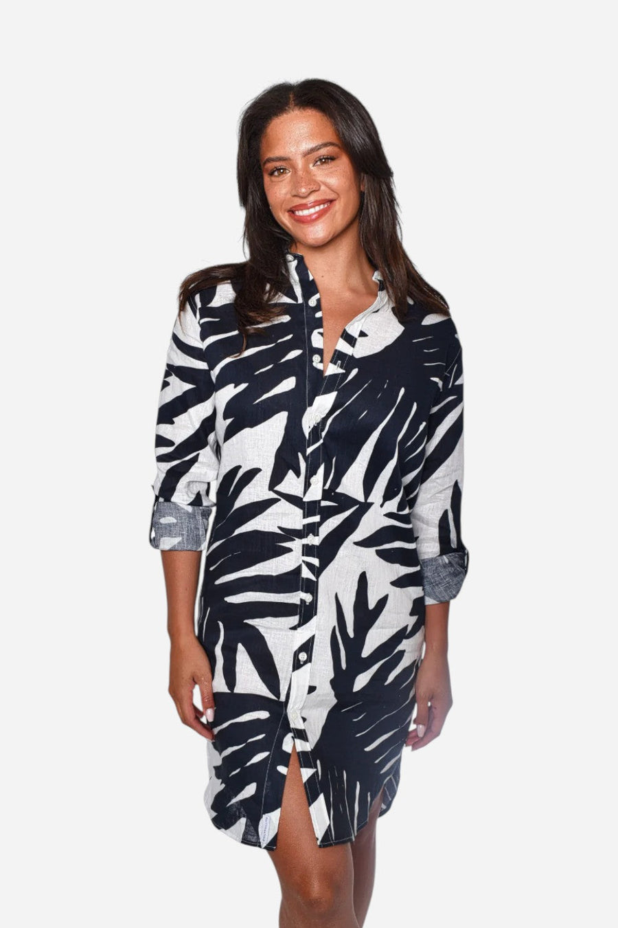 Emily Phillips Navy Leaf Print Linen Girlfriend Dress – back view