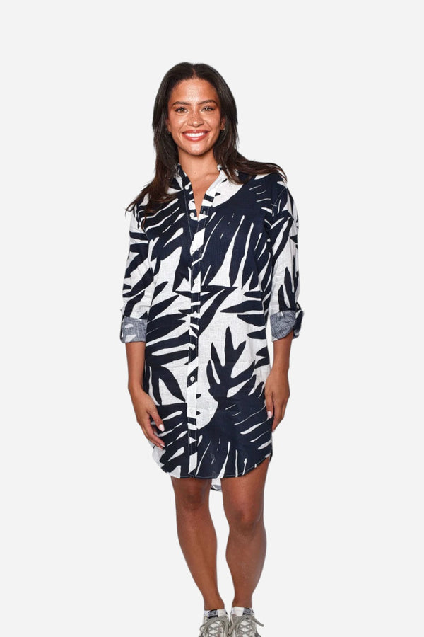 Emily Phillips Navy Leaf Print Linen Girlfriend Dress