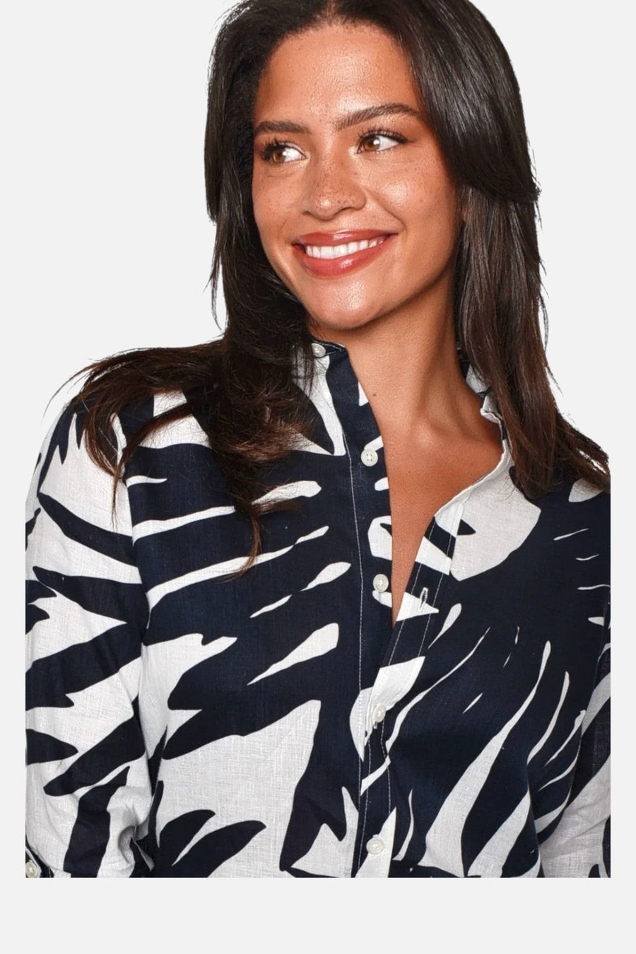 Emily Phillips Navy Leaf Print Linen Girlfriend Dress – detail
