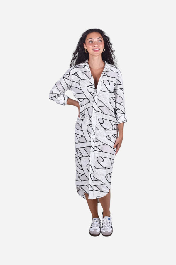Emily Phillips White & Black Embroidery Girlfriend Midi Dress