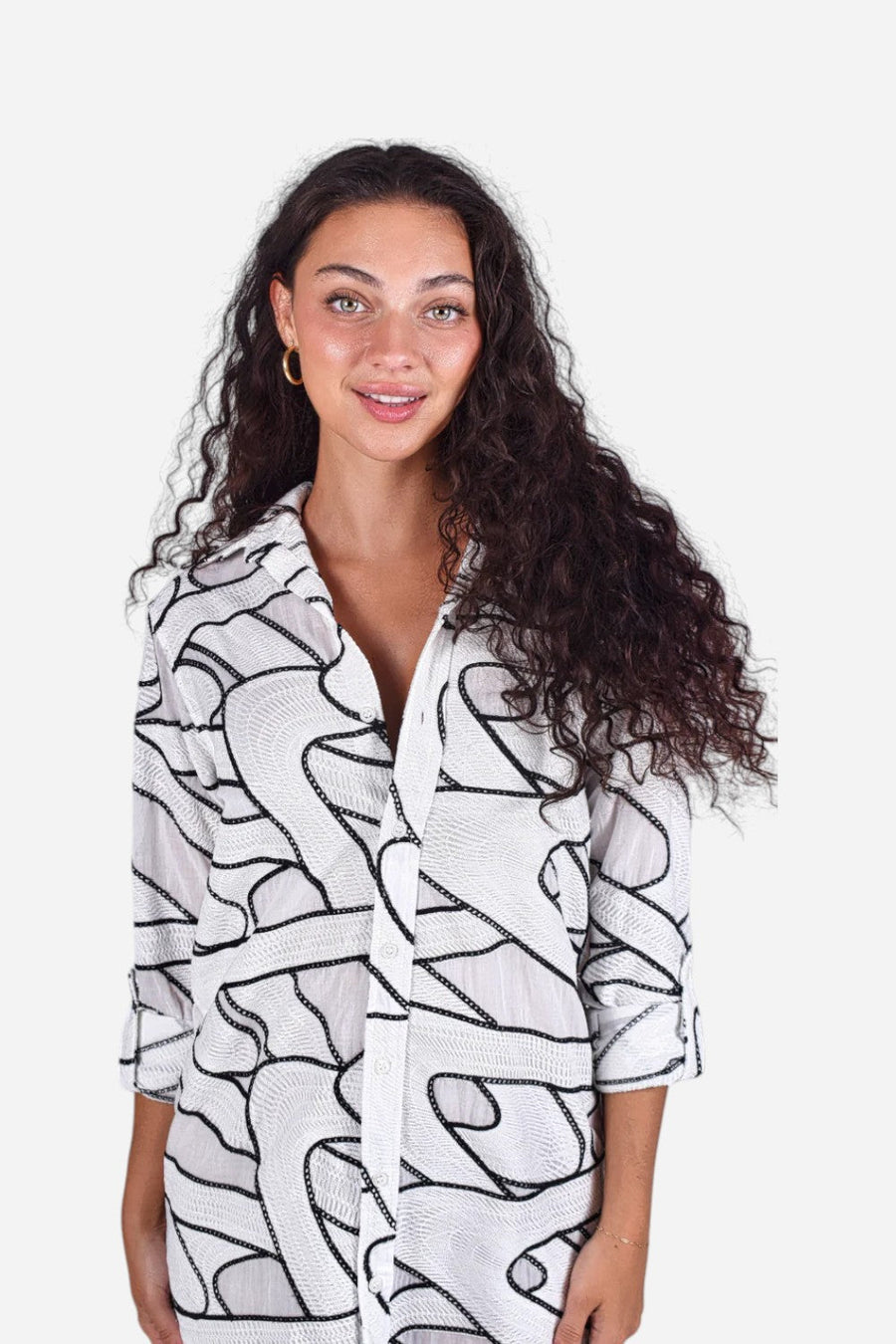 Emily Phillips White & Black Embroidery Girlfriend Midi Dress – side view