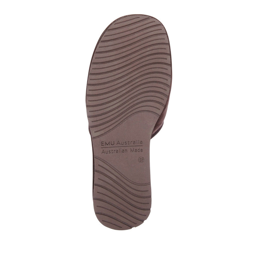 Emu Australia Platinum Yamba Slippers in Chocolate – flat lay