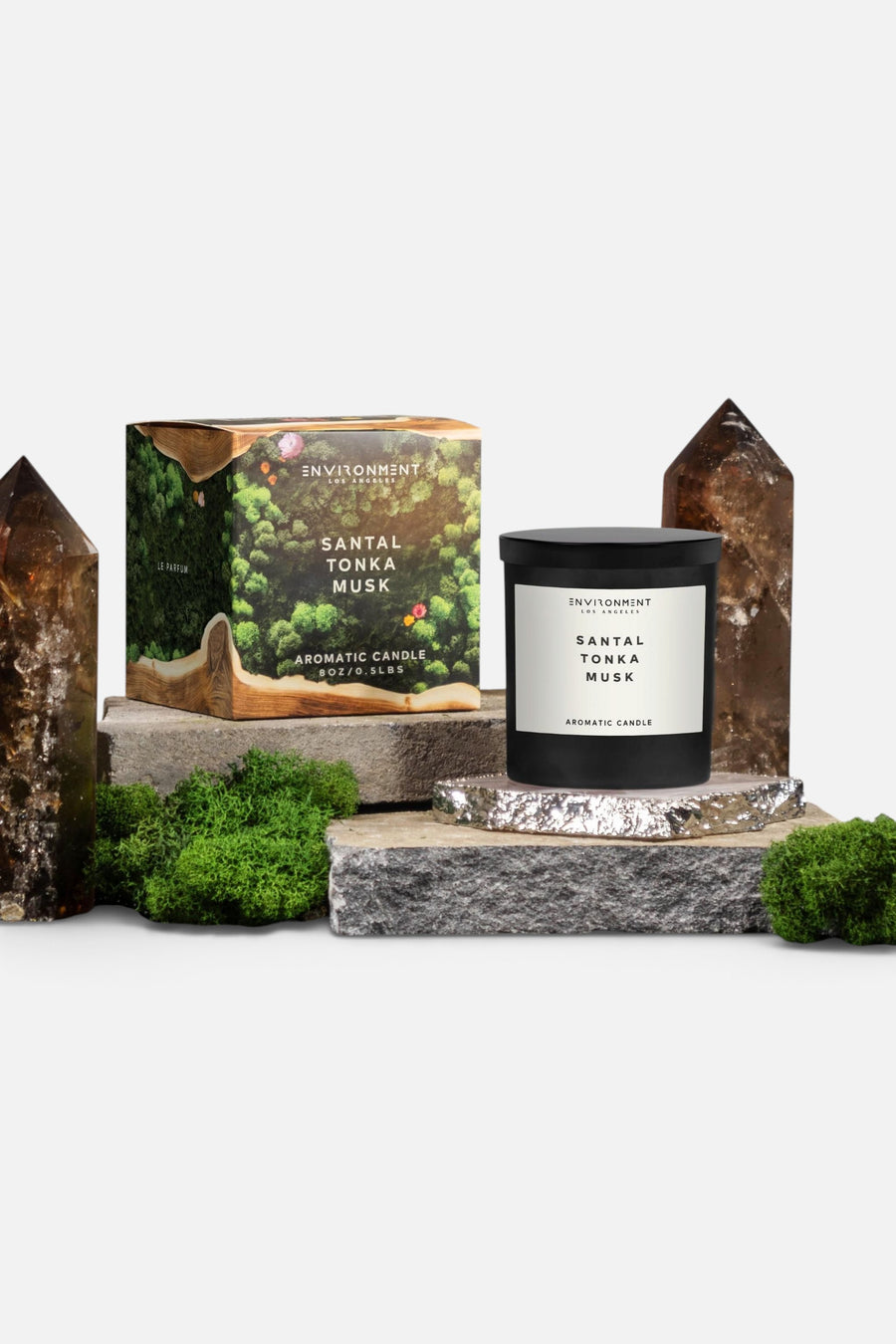 Enviroment Candles 8oz Santal | Tonka | Musk Candle with Lid and Box (inspired By Le Labo Santal and 1 Hotel) – back view