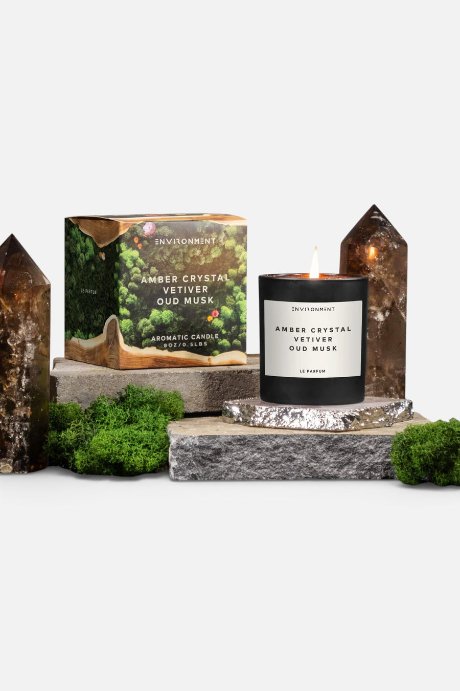 Environment Candles Amber Crystal Vetiver Oud Musk Candle with Lid and Box - 8 Oz – back view