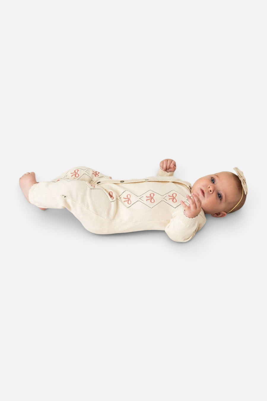 Evie Bow Pointelle Knit Baby Jumpsuit in Ecru – alternate