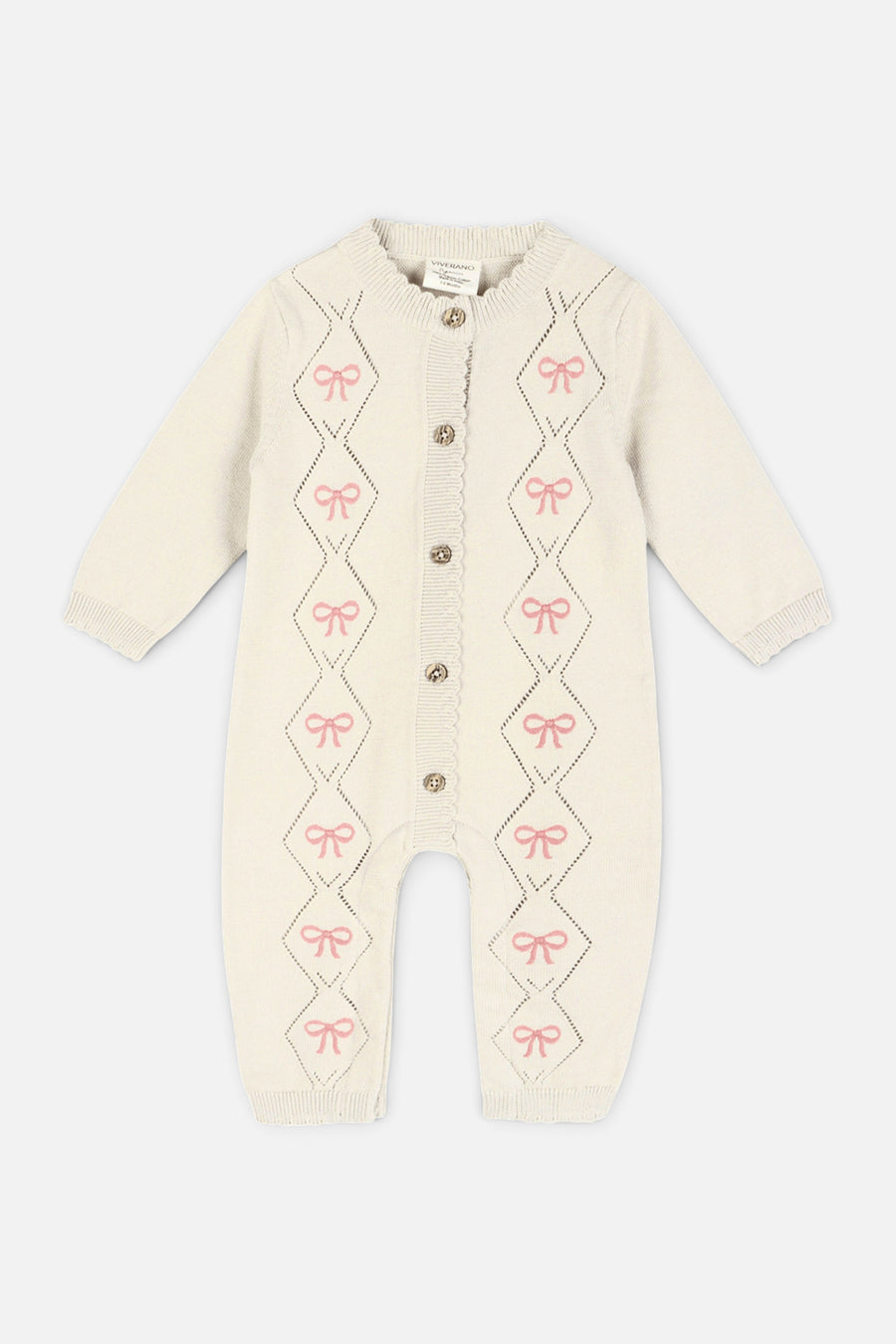 Evie Bow Pointelle Knit Baby Jumpsuit in Ecru – front view
