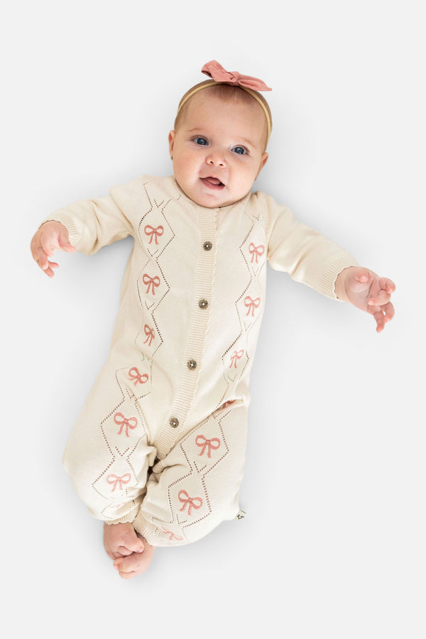 Evie Bow Pointelle Knit Baby Jumpsuit in Ecru