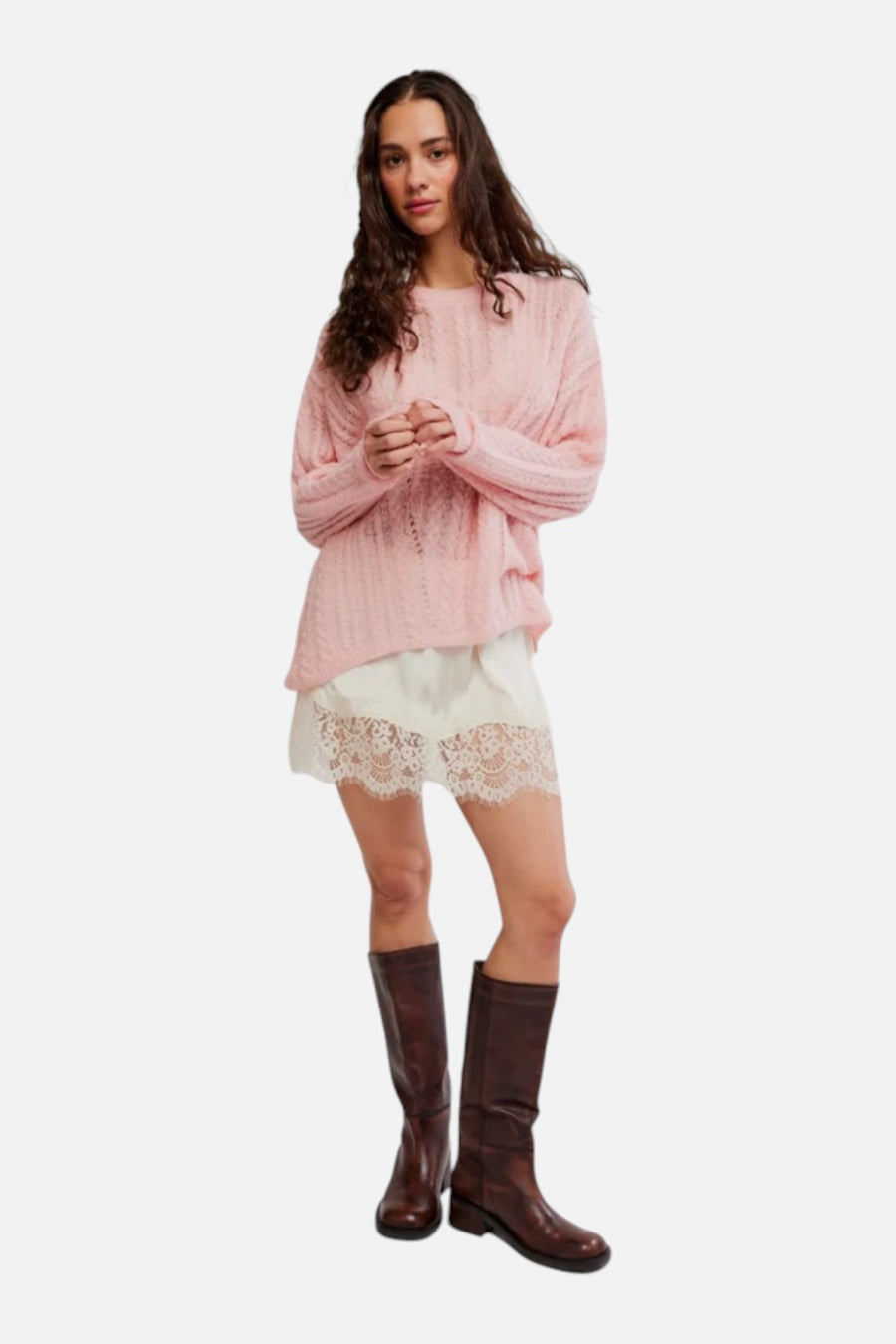 Free People Sheer Luck Cable Sweater in Peach Skin
