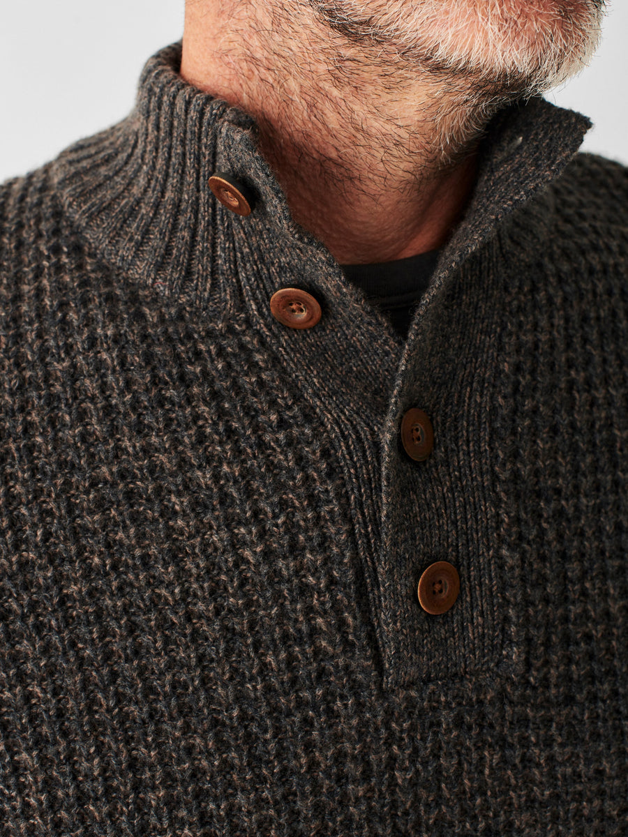 Faherty Cashmere Wool Quarter Button Sweater in Charcoal Melange – back view