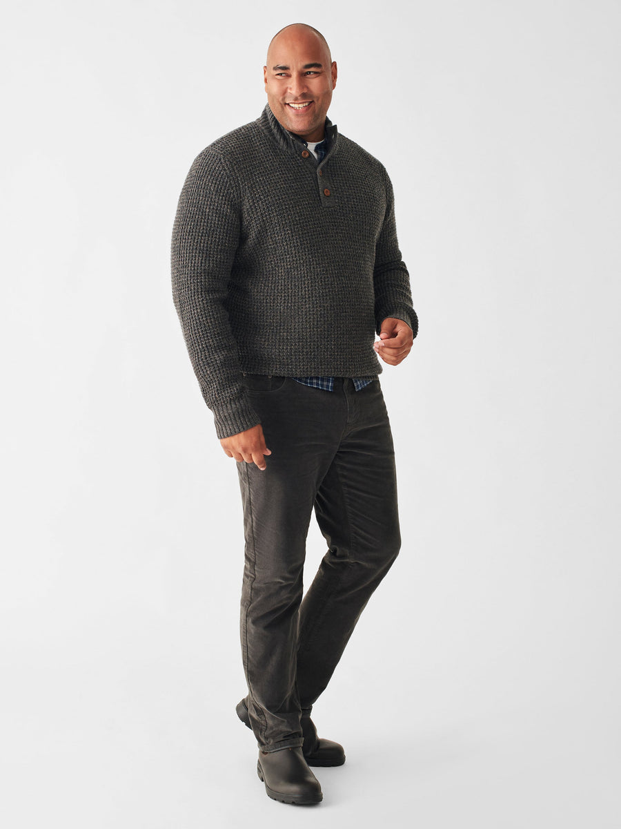 Faherty Cashmere Wool Quarter Button Sweater in Charcoal Melange – flat lay