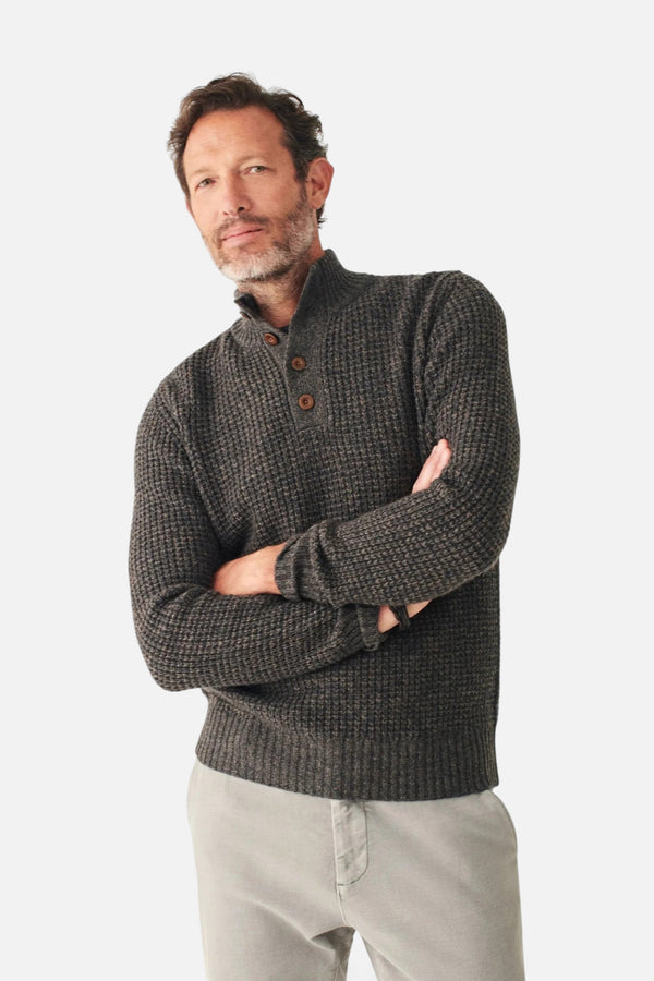 Faherty Cashmere Wool Quarter Button Sweater in Charcoal Melange