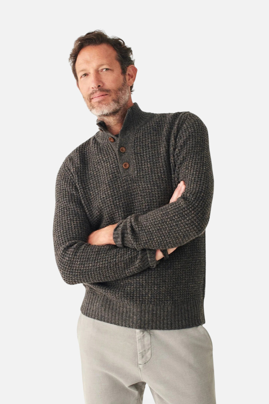 Faherty Cashmere Wool Quarter Button Sweater in Charcoal Melange – front view