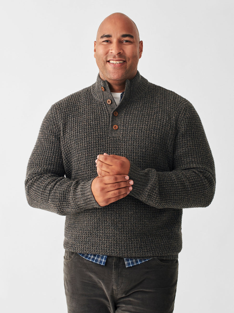 Faherty Cashmere Wool Quarter Button Sweater in Charcoal Melange – side view