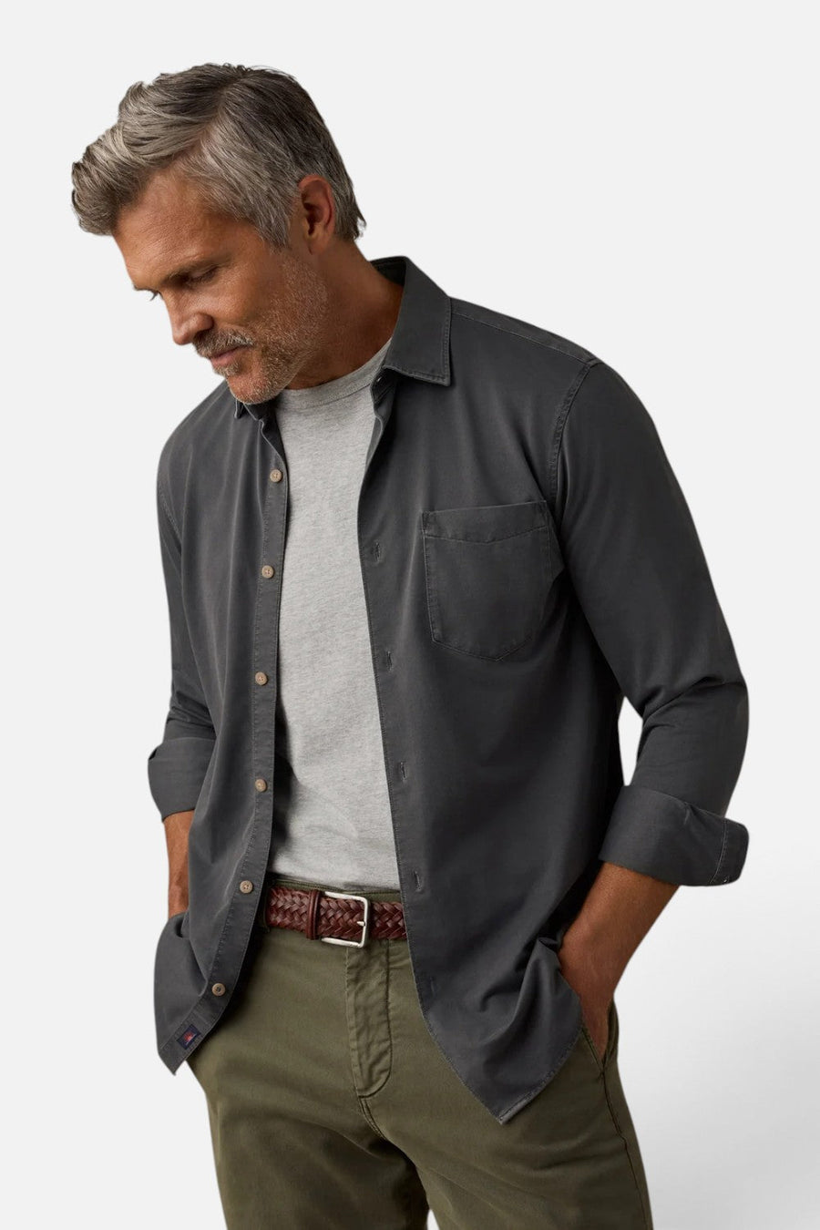 Faherty Costa Pique Button Up Shirt in Ridge Black – front view