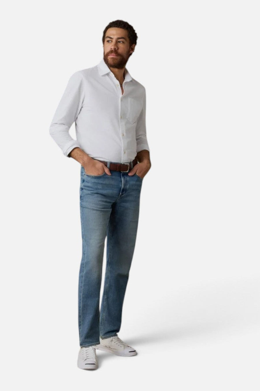 Faherty Costa Pique Shirt in Pure White – on model