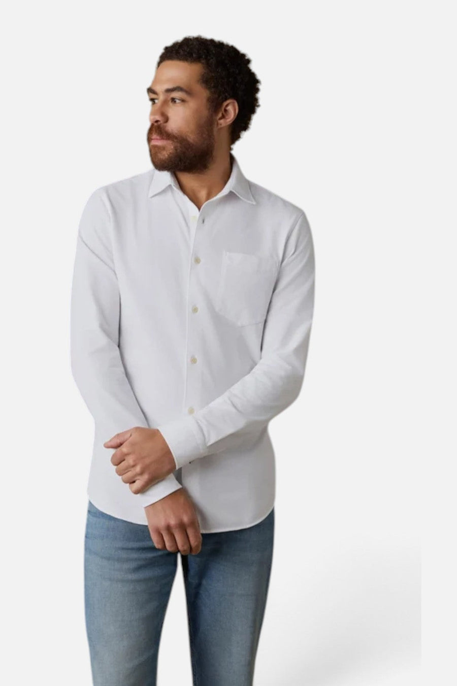 Faherty Costa Pique Shirt in Pure White – on model