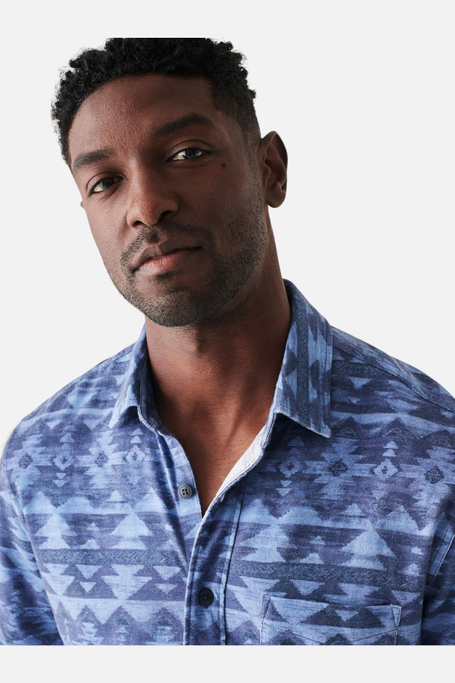 Faherty Doug Good Feather Short Sleeve Knit Seasons Shirt in Six Rivers Sky – back view