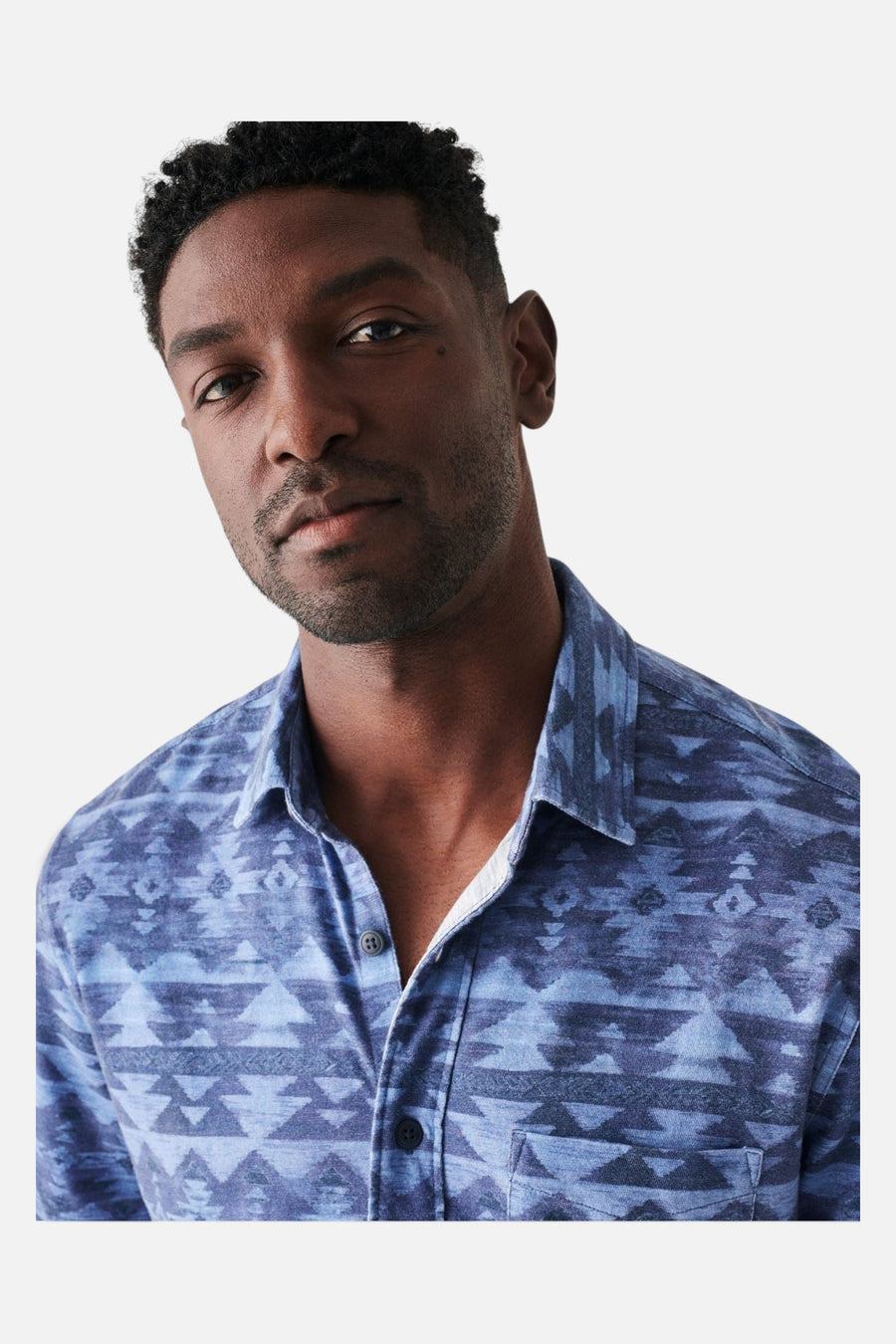Faherty Doug Good Feather Short Sleeve Knit Seasons Shirt in Six Rivers Sky – on model
