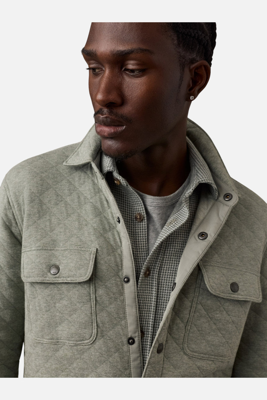 Faherty Epic Quilted Fleece CPO in Pine Rock Heather – detail