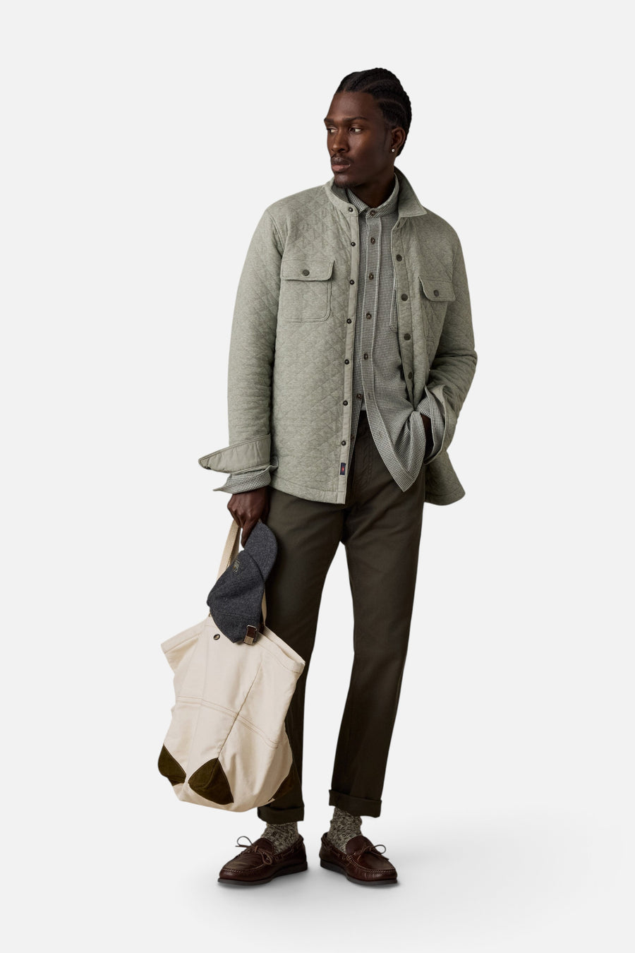 Faherty Epic Quilted Fleece CPO in Pine Rock Heather – flat lay