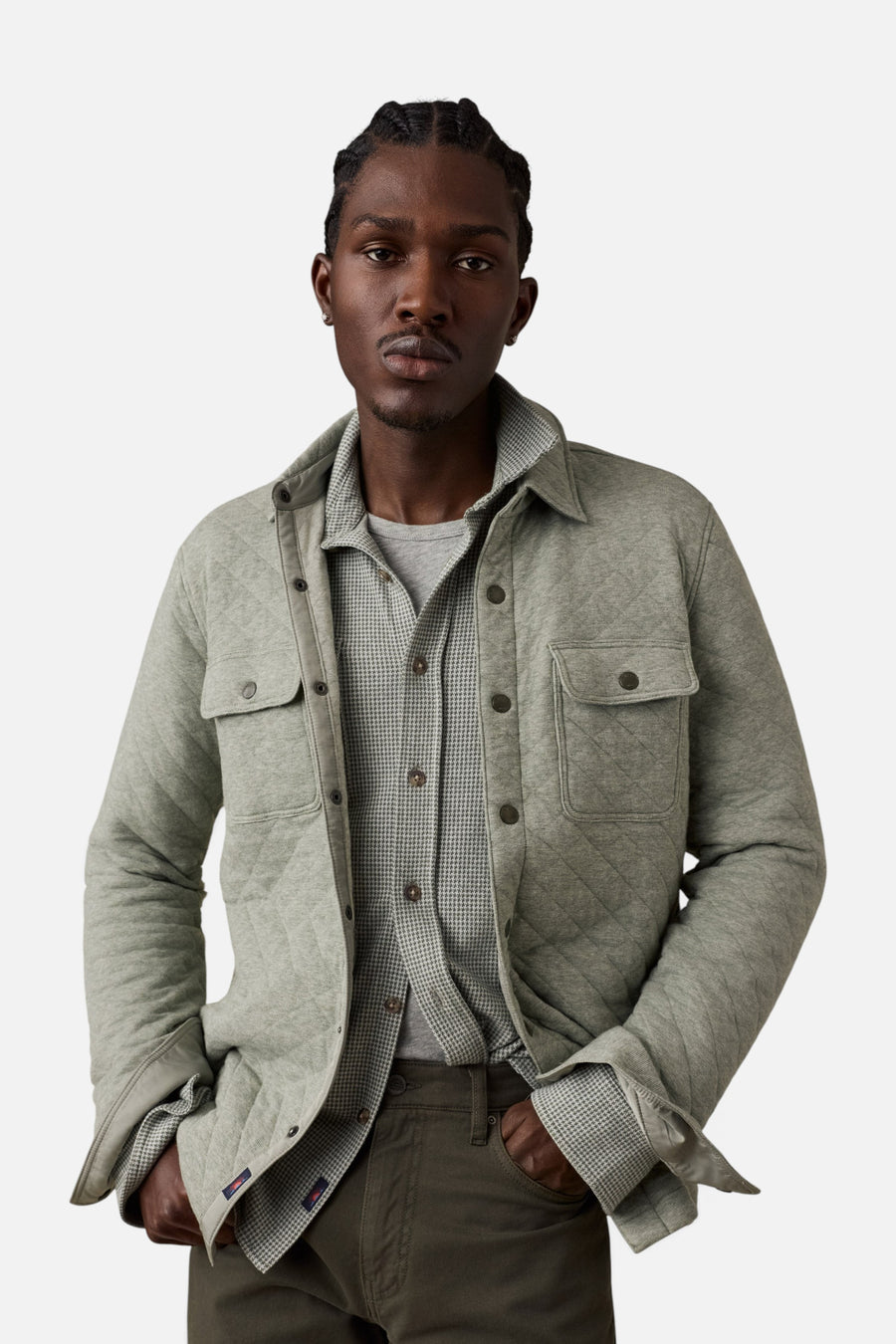 Faherty Epic Quilted Fleece CPO in Pine Rock Heather – front view