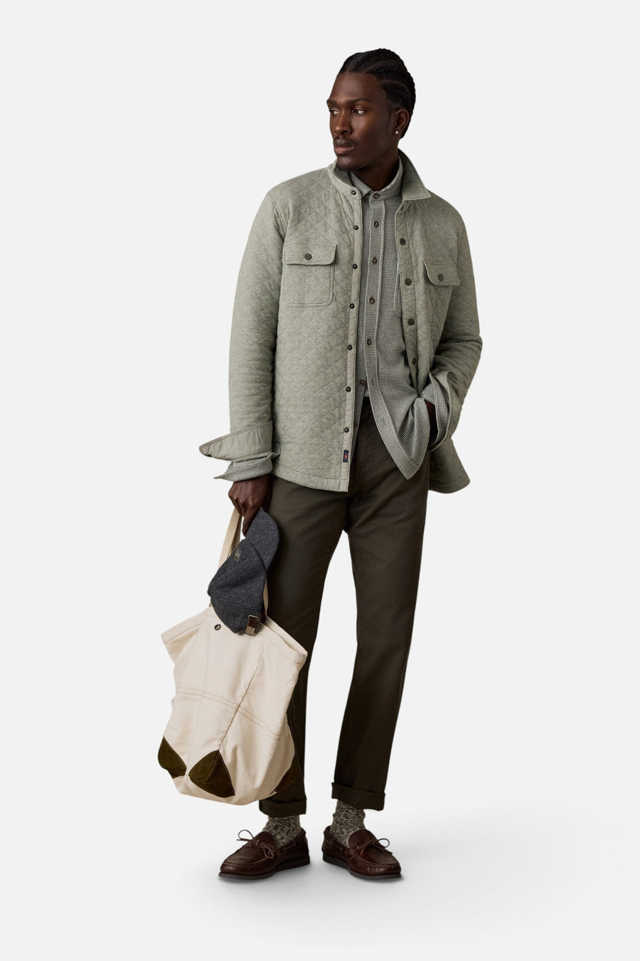 Faherty Epic Quilted Fleece CPO in Pine Rock Heather – on model