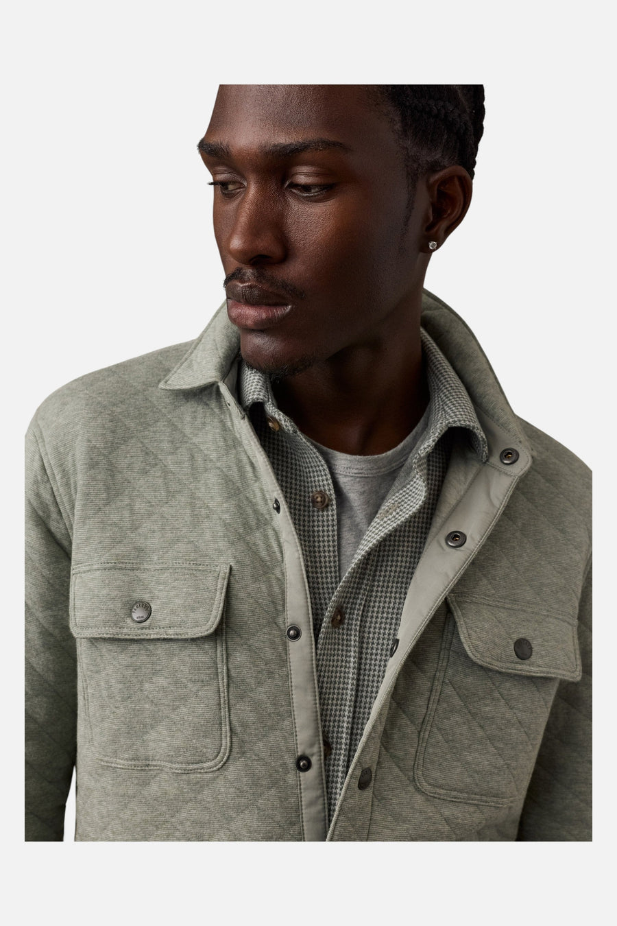 Faherty Epic Quilted Fleece CPO in Pine Rock Heather – detail