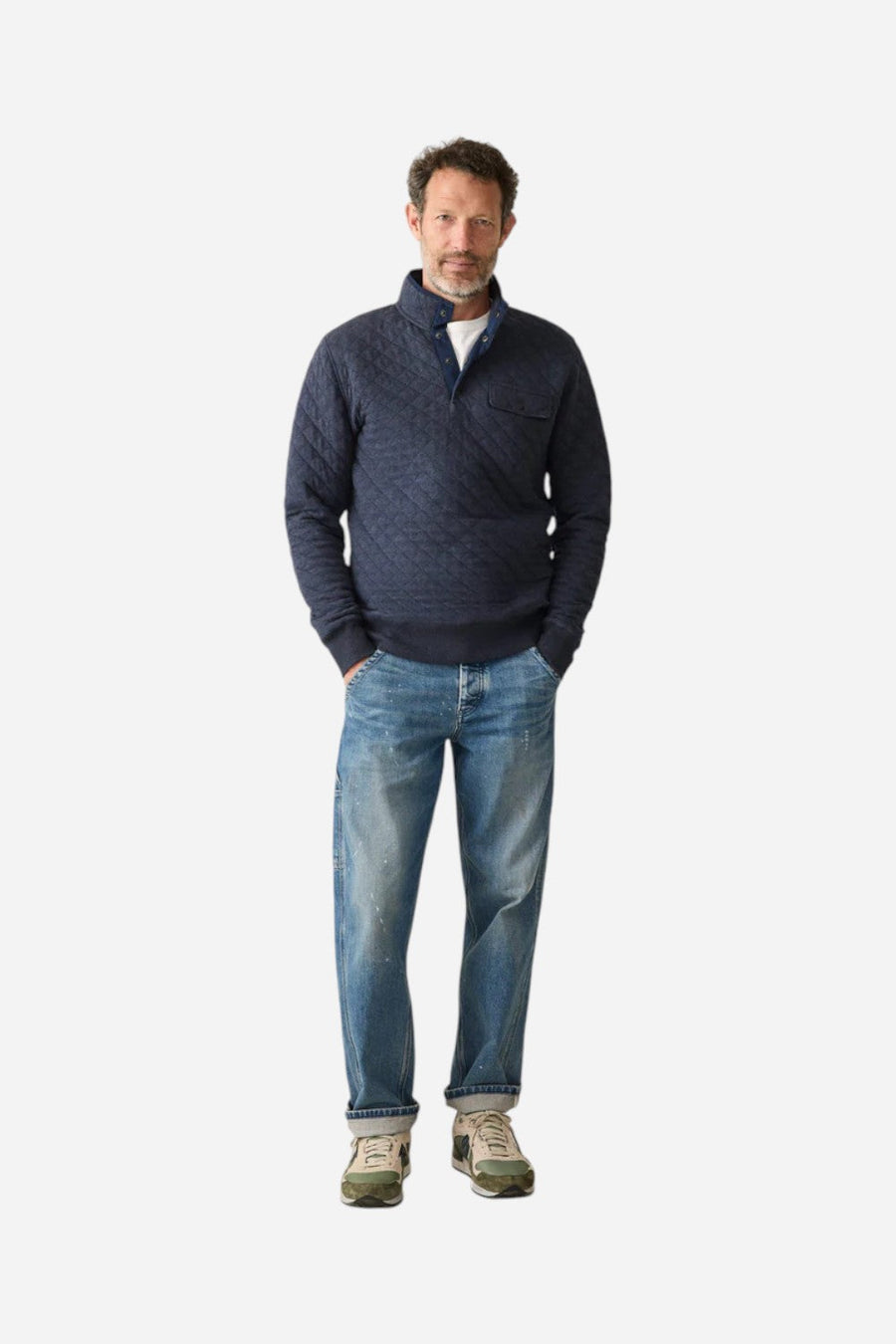 Faherty Epic Quilted Fleece Pullover in Navy Melange – side view
