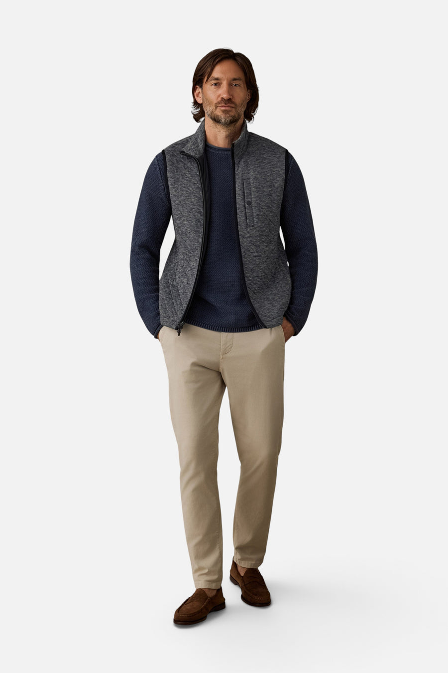 Faherty Epic Quilted Fleece Vest in Graphite Cloud Heather – back view