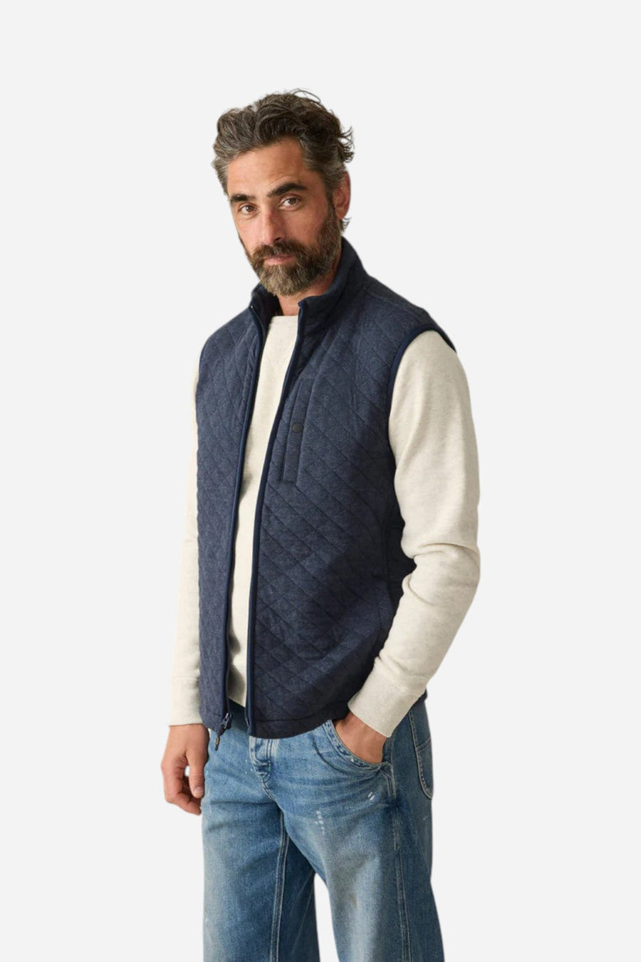 Faherty Epic Quilted Fleece Vest in Navy Melange – front view