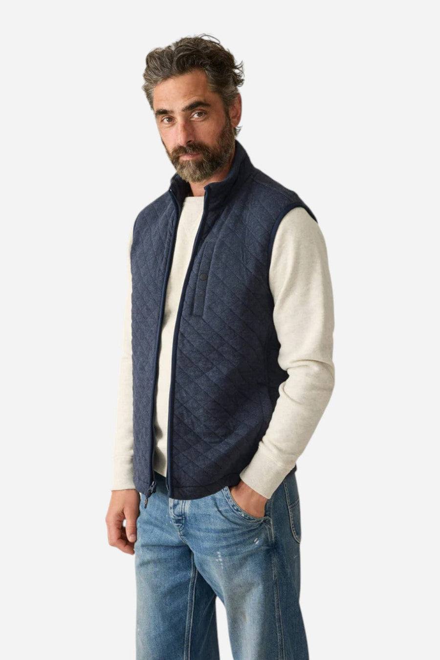 Faherty Epic Quilted Fleece Vest in Navy Melange – three-quarter view