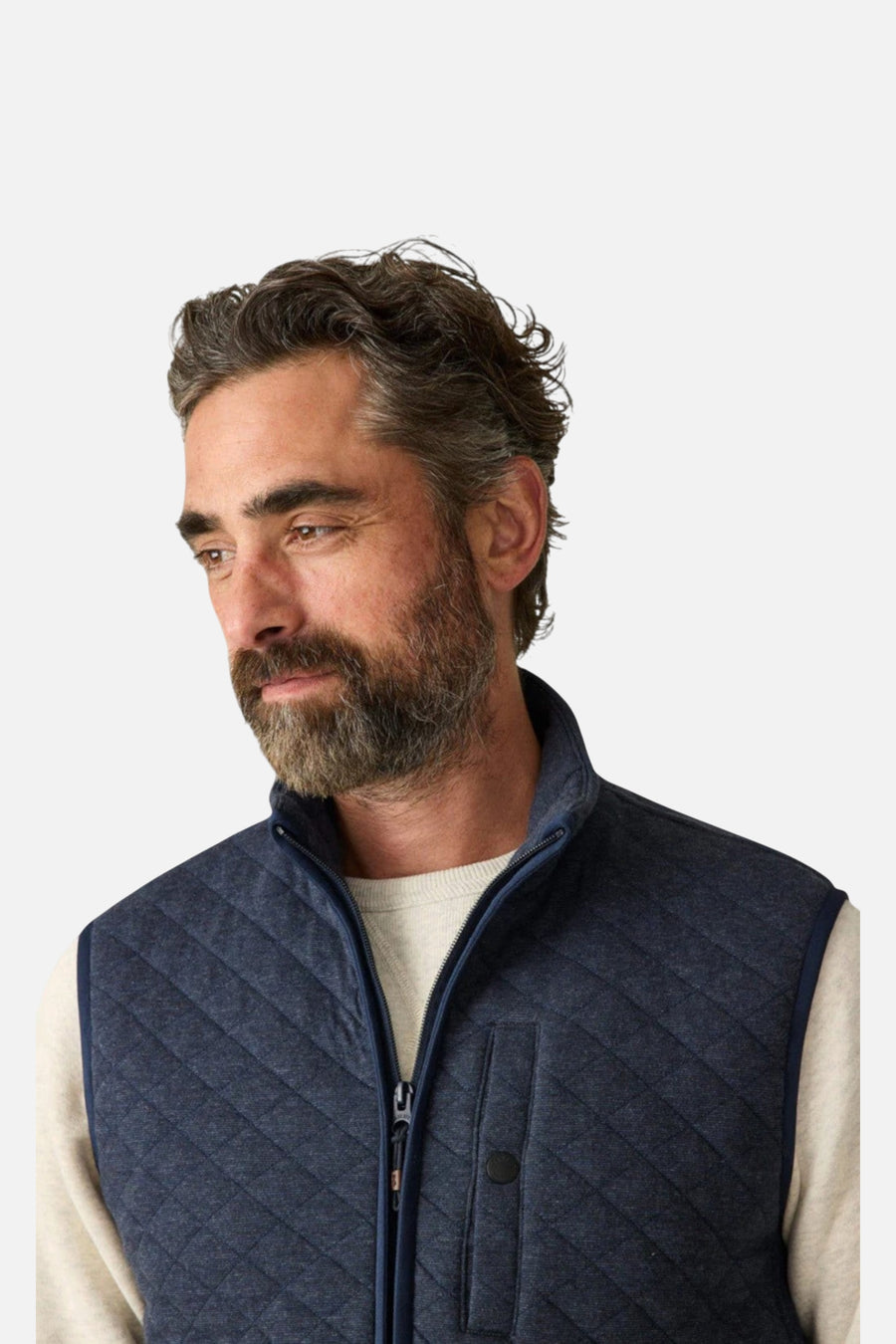 Faherty Epic Quilted Fleece Vest in Navy Melange – detail