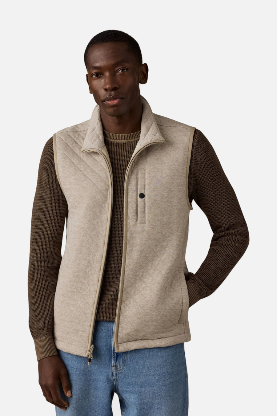 Faherty Epic Quilted Fleece Vest in Oatmeal Melange – front view