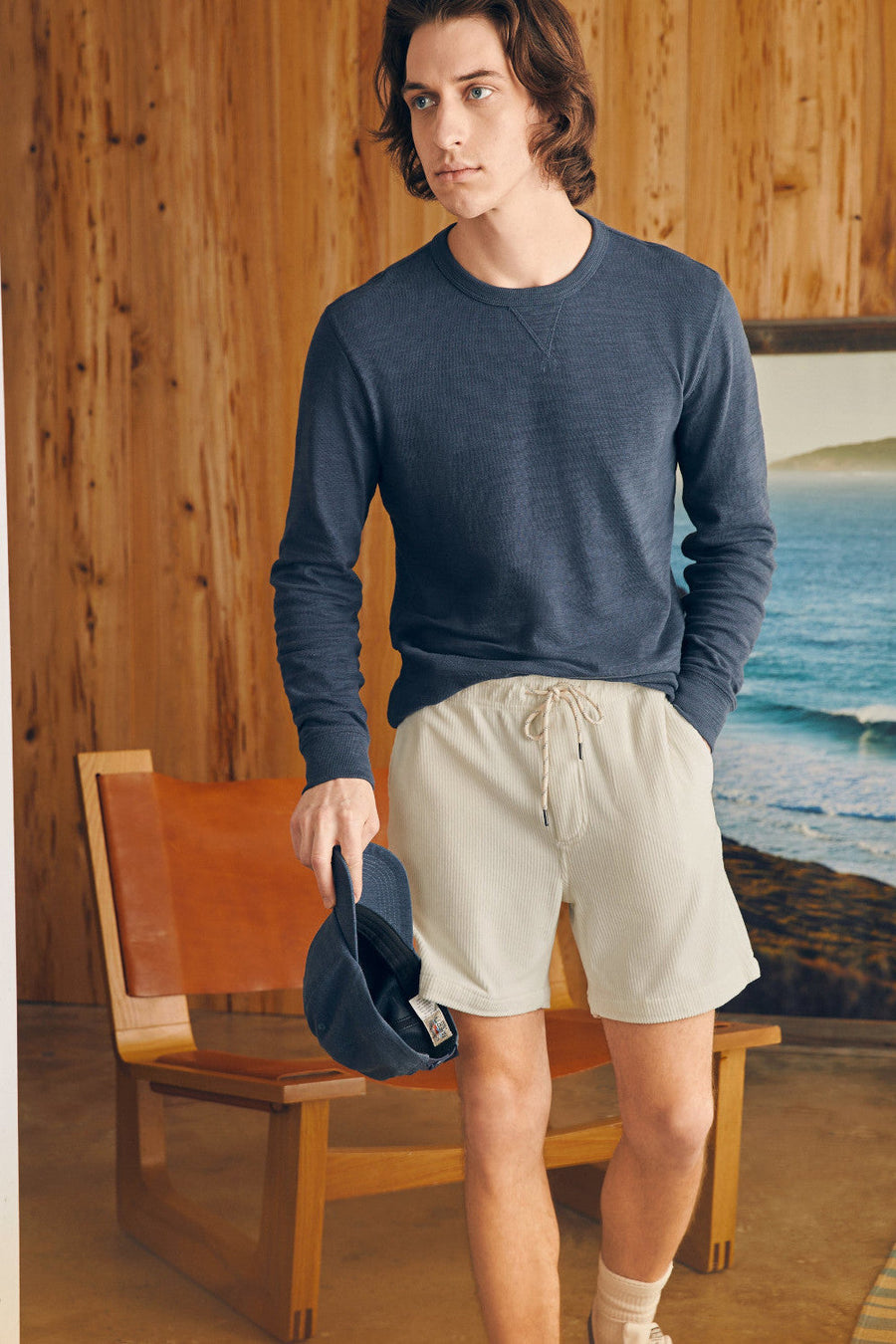 Faherty Essential Italian Knit Drawstring Cord Short 6" in Stone – back view