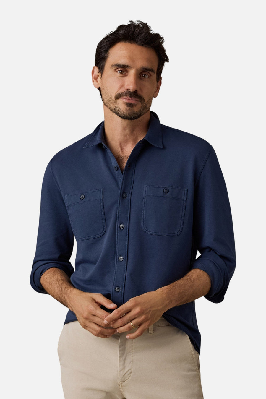 Faherty Field Knit Shirt in Abyss Navy – on model