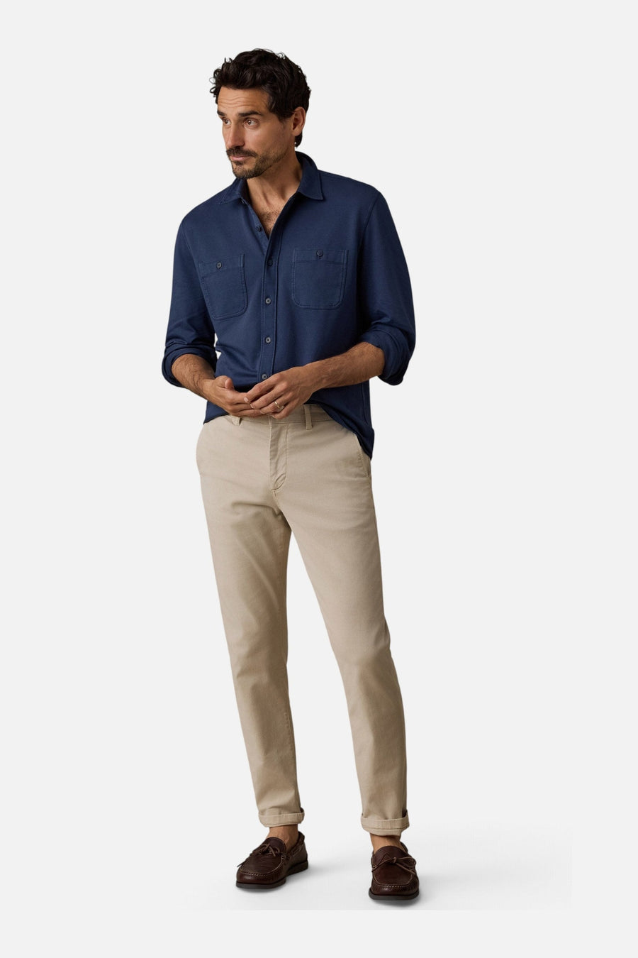 Faherty Field Knit Shirt in Abyss Navy – on model