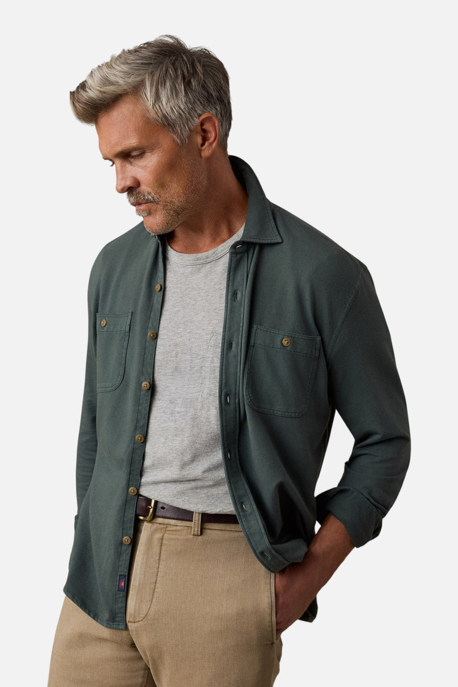 Faherty Field Knit Shirt in Forest Trail – three-quarter view