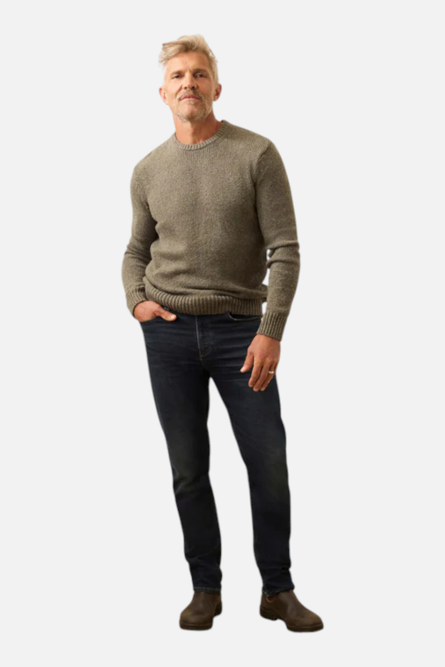 Faherty Heirloom Crewneck Sweater in Olive Cove – back view