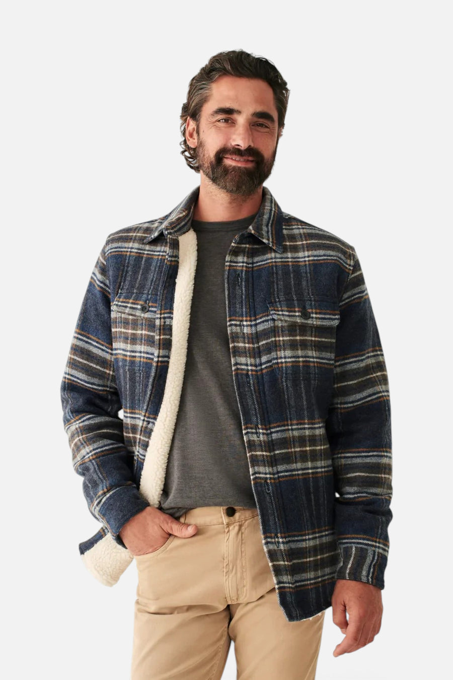 Faherty High Pile Fleece Plaid CPO in Navy Summit Plaid – front view